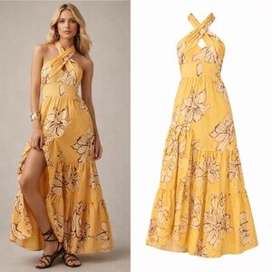 HUTCH Floral Halter Maxi Dress Maize Yellow Adjustable Neck Ruffle Slit 6 NEW
